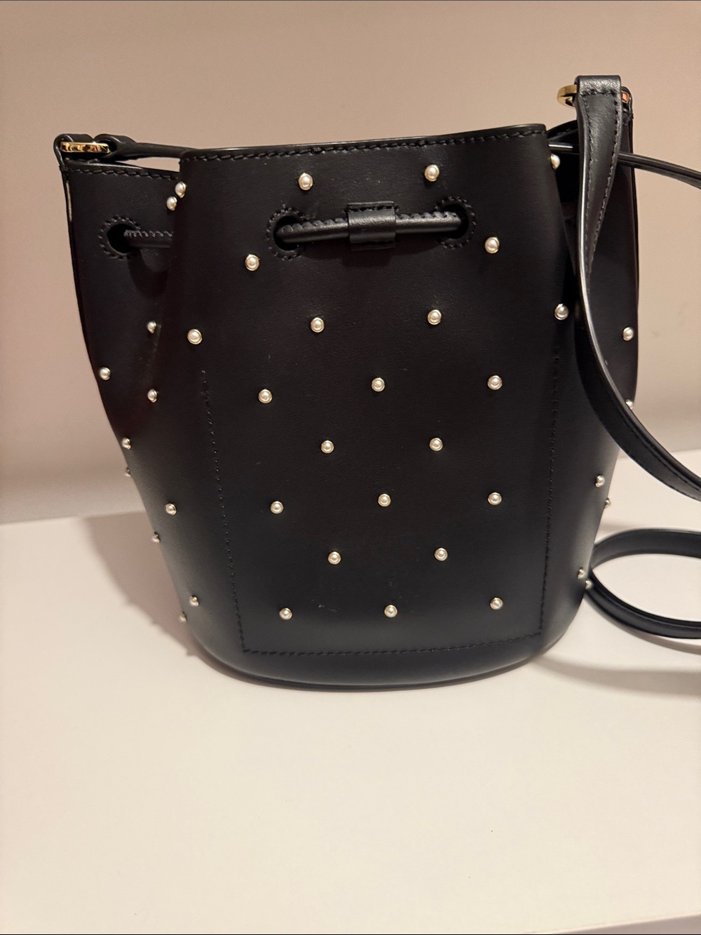 Ralph Lauren Black Pearl-Stud Drawstring Bucket Bag - Picture 3 of 10